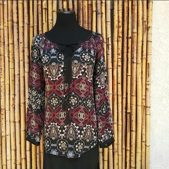 Boutique Tops - Black Red Paisley Print Tie Poets Blouse S/M EUC